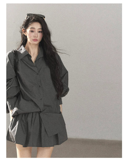 AOMALM - Thin Dusk Gray Bow-Back Shirt & Bubble Mini Skirt Set