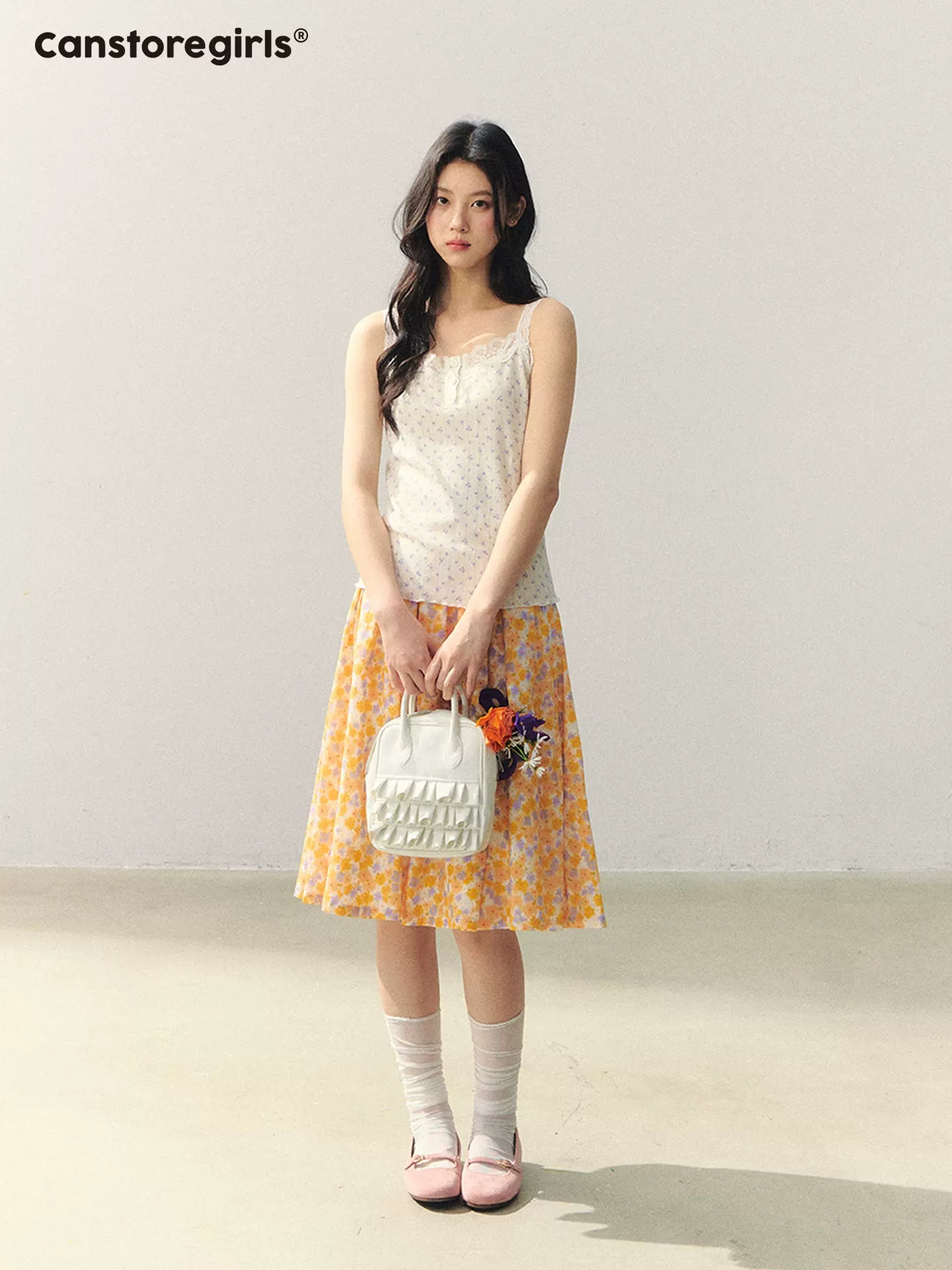 Citrus Bloom Lace Cami & Floral Pleated Skirt Set LL2026039