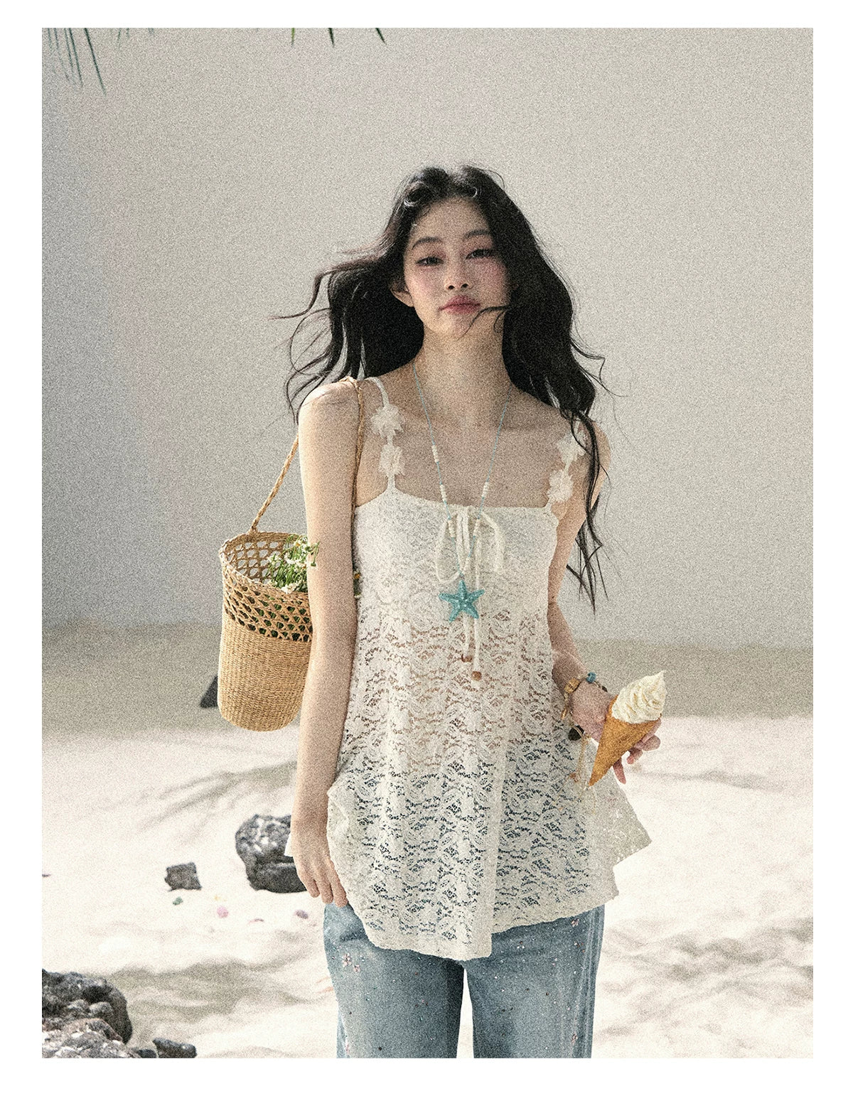 "Morning Mist" Frost White Lace Sheer Cami Top 65123