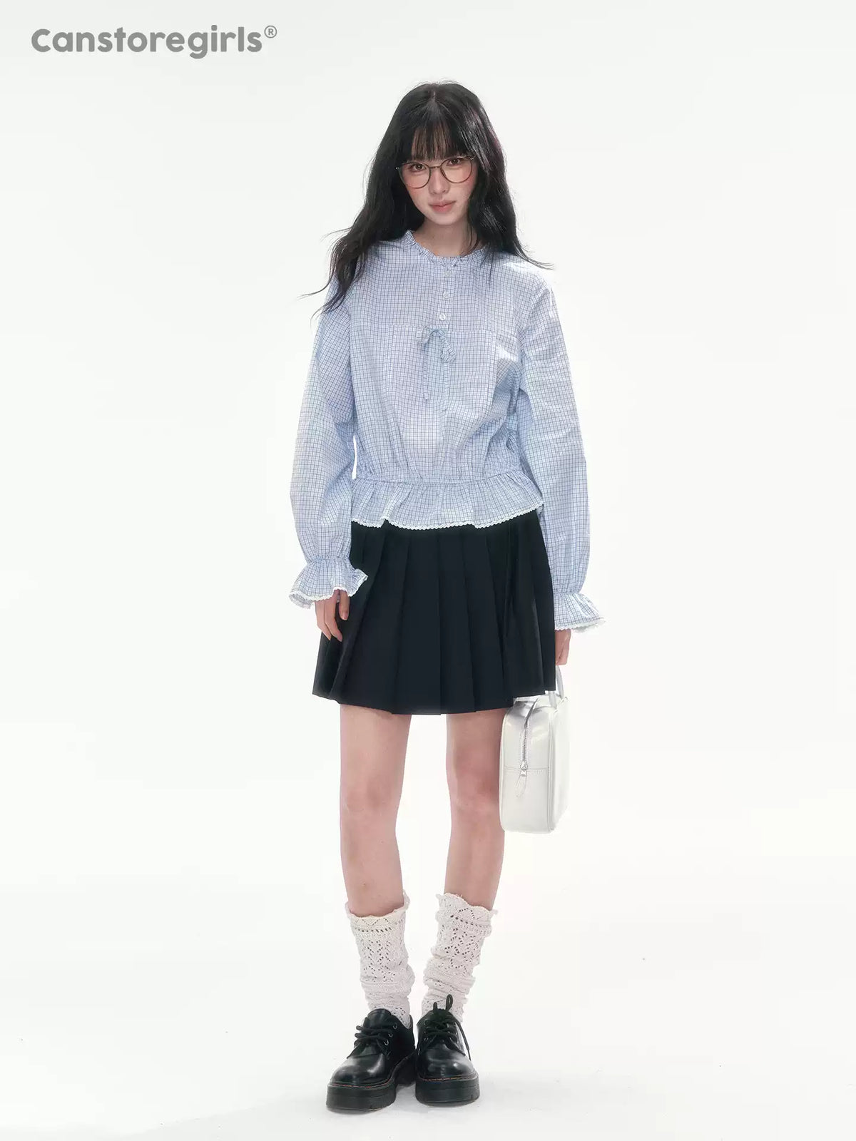 [CAN] Blue Plaid Lace-Trim Bow Tie Blouse