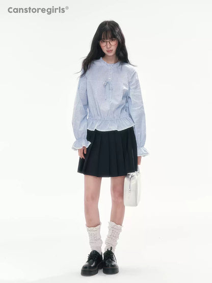 [CAN] Blue Plaid Lace-Trim Bow Tie Blouse
