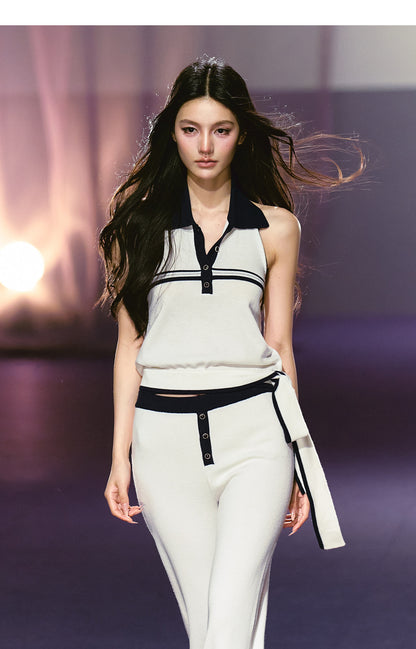 "Coastal Ease" Ivory Halter Knit Top & Contrast Knit Flare Pants Set