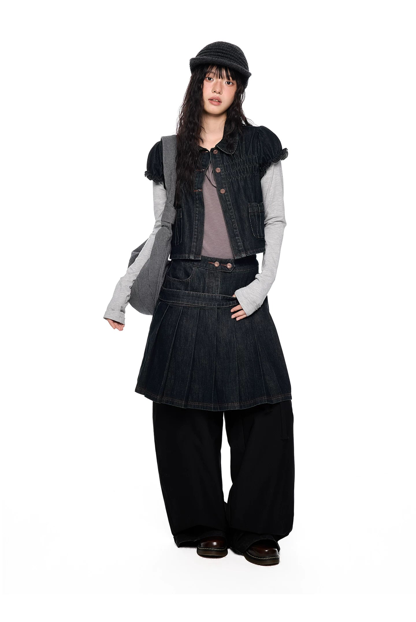 Vintage Peter Pan Collar Puff Sleeve Denim Set