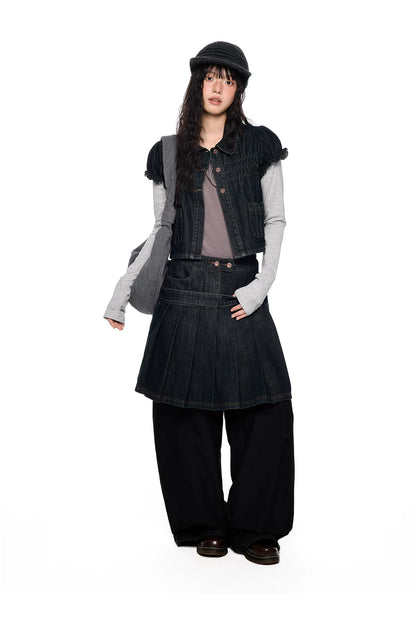 Vintage Peter Pan Collar Puff Sleeve Denim Set