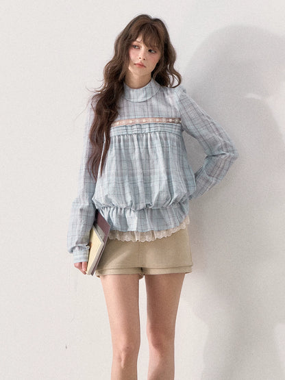 [TMMG] French Vintage Plaid Lace Ruffle Blouse (Blue Plaid)