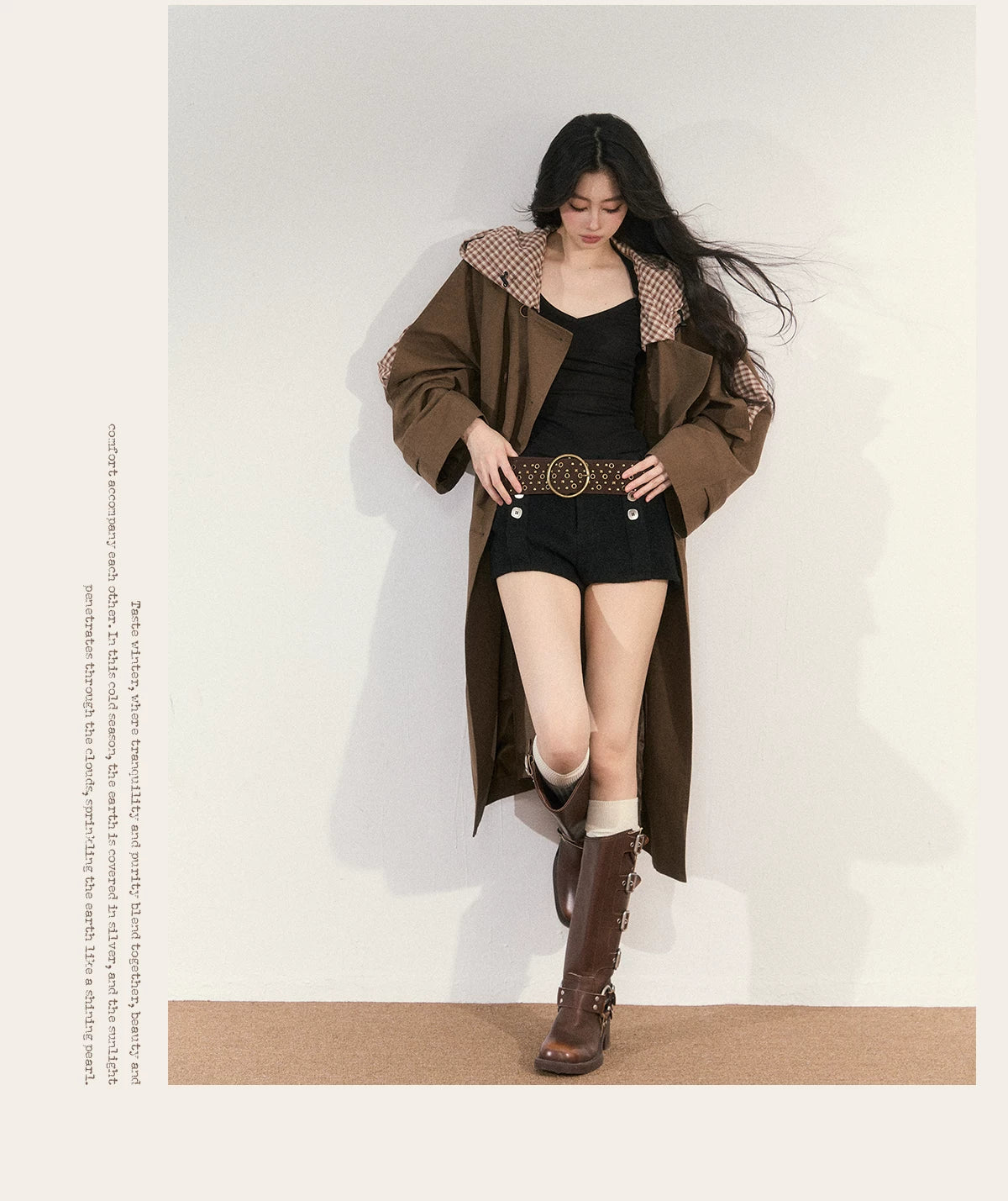 JN's DESIGN - Vintage Plaid Panel Hooded Trench Coat