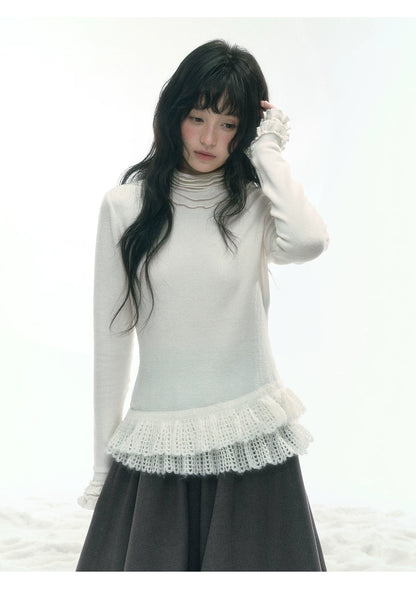 JOVYLLE - Cream Ivory Lace-Trim Turtleneck Top