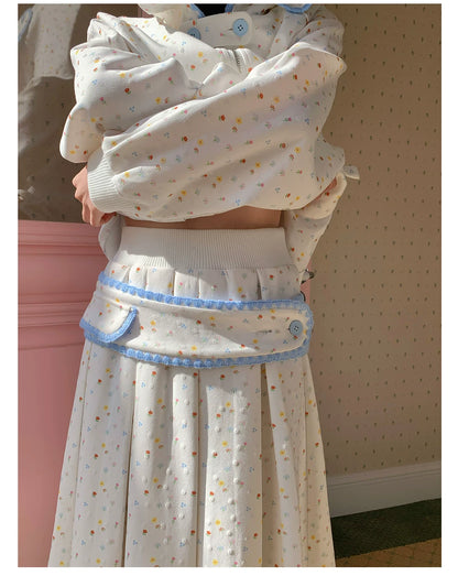 “Snow Bunny Reverie” Ivory Rabbit Ear Hoodie & Floral Pleated Mini Skirt