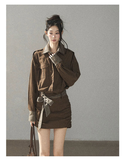 AOMALM - "A Promise Beneath the Oak" Crabapple Brown Plaid Shirt Dress with Belt