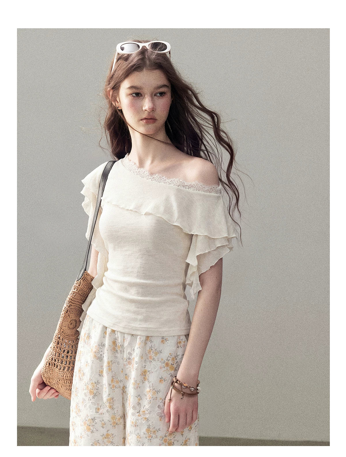 AOMALM - "A Cloud in Bloom" Primrose Yellow Floral Embroidered Lace Wide-Leg Pants