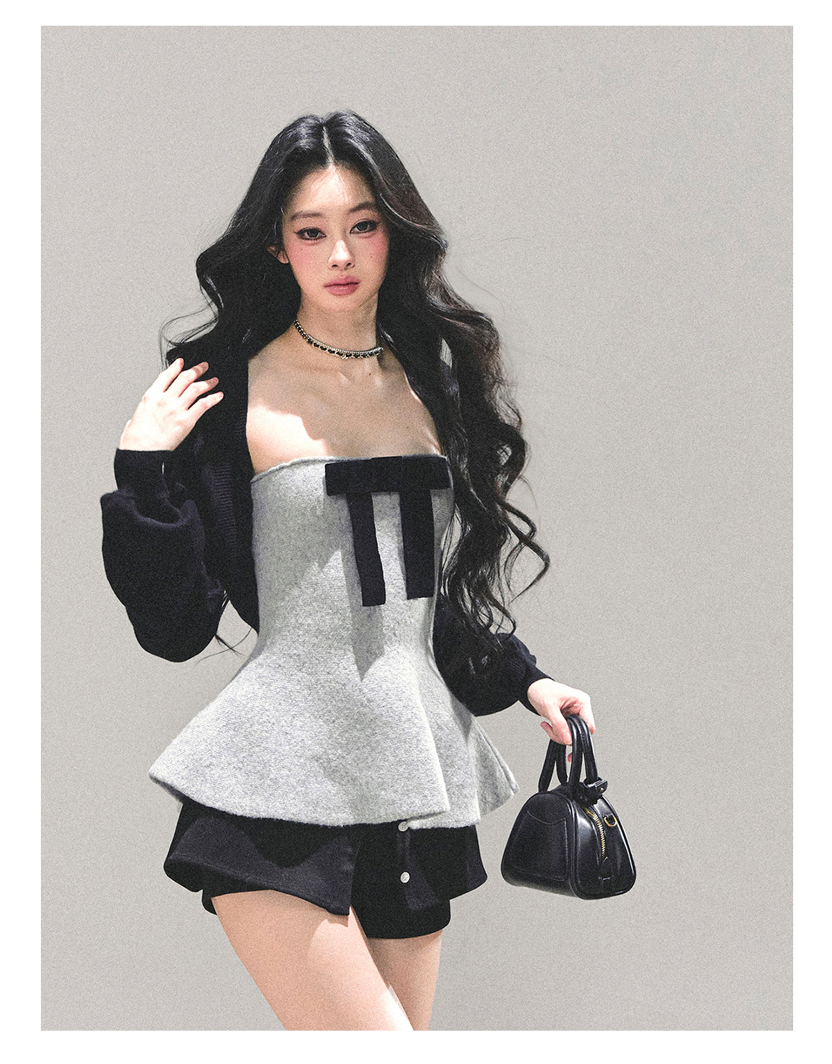 少也眼 "Lingering Warmth" Princess-Style Two-Piece Winter Set - Gray/Black 543545141