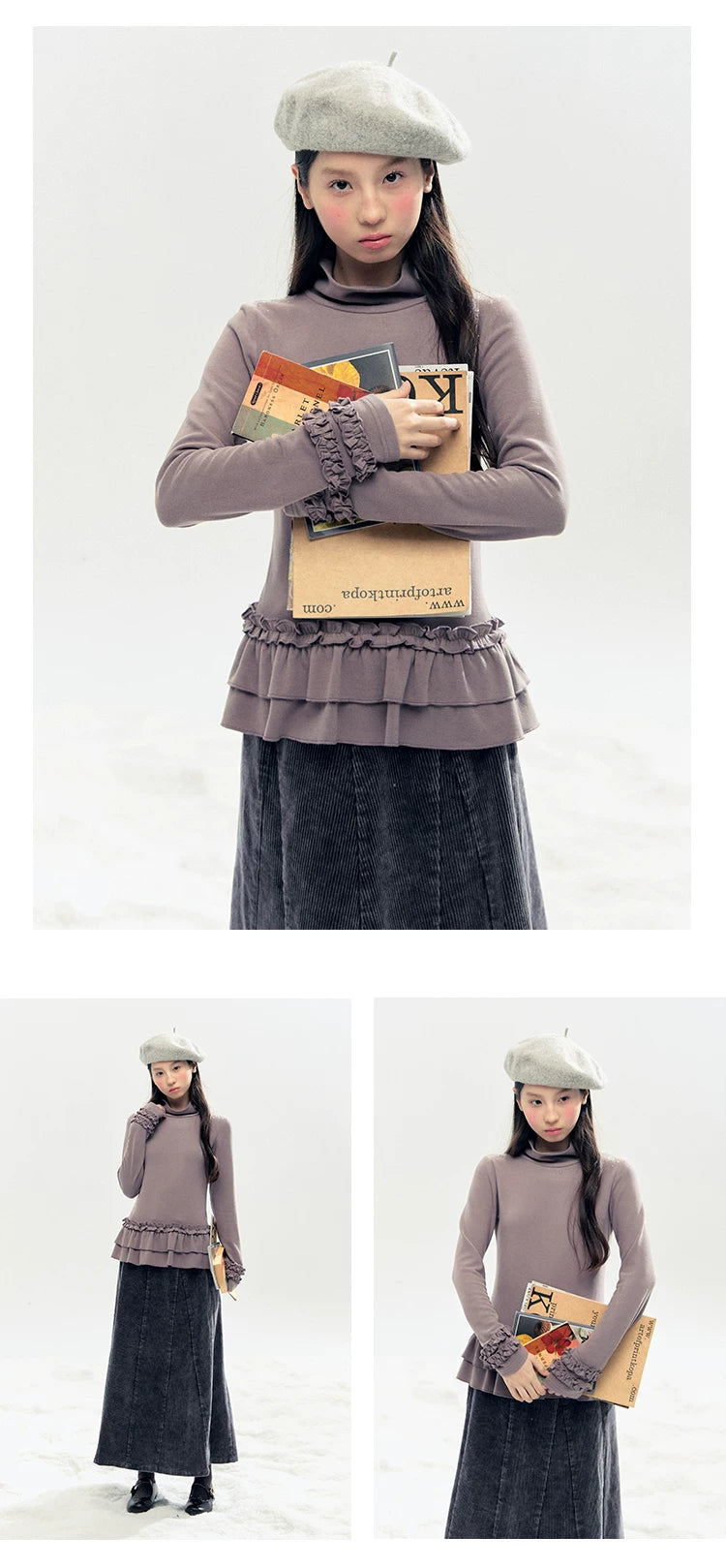 "Lavender Mist" Smoky Mauve Ruffle Ruched Turtleneck Knit Top
