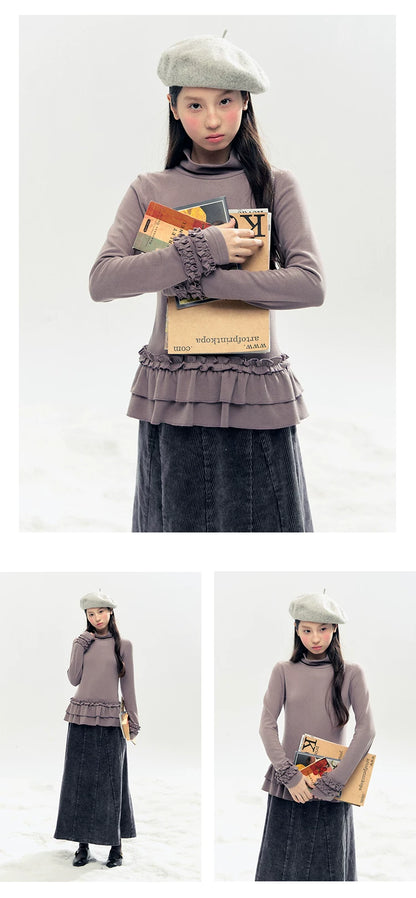 "Lavender Mist" Smoky Mauve Ruffle Ruched Turtleneck Knit Top