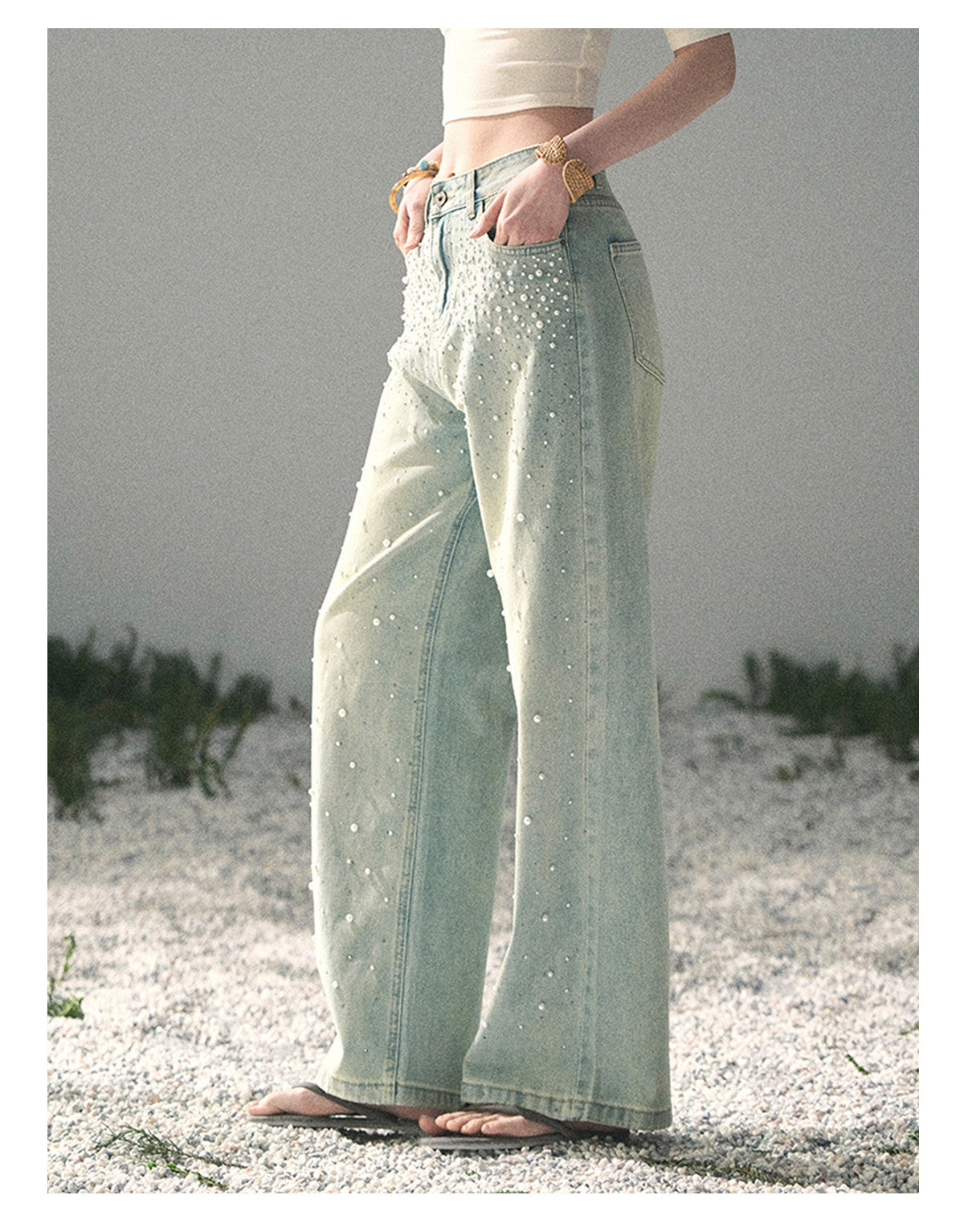 “Blue Shimmer Notes” Vintage Blue Embellished Wide-Leg Jeans