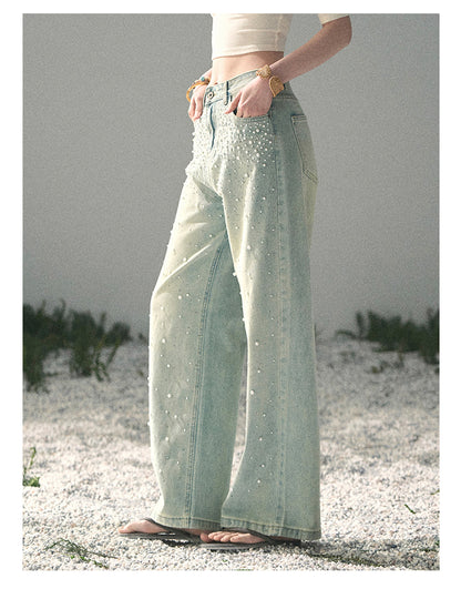 “Blue Shimmer Notes” Vintage Blue Embellished Wide-Leg Jeans
