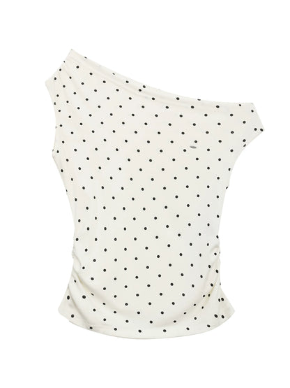 "Polished Departure" Polka Dot Off-Shoulder Ruched T-Shirt (White, Gray)
