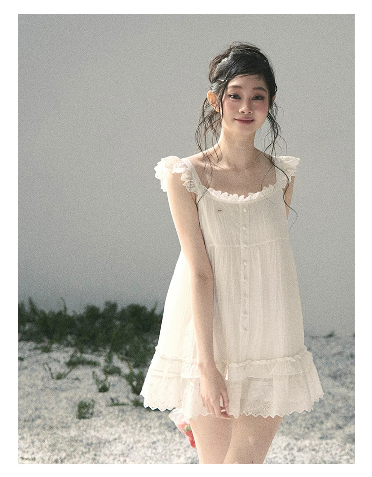 "Shimmer Along the Hem" Cloud White Lace Flutter Sleeve Babydoll Mini Dress 53413