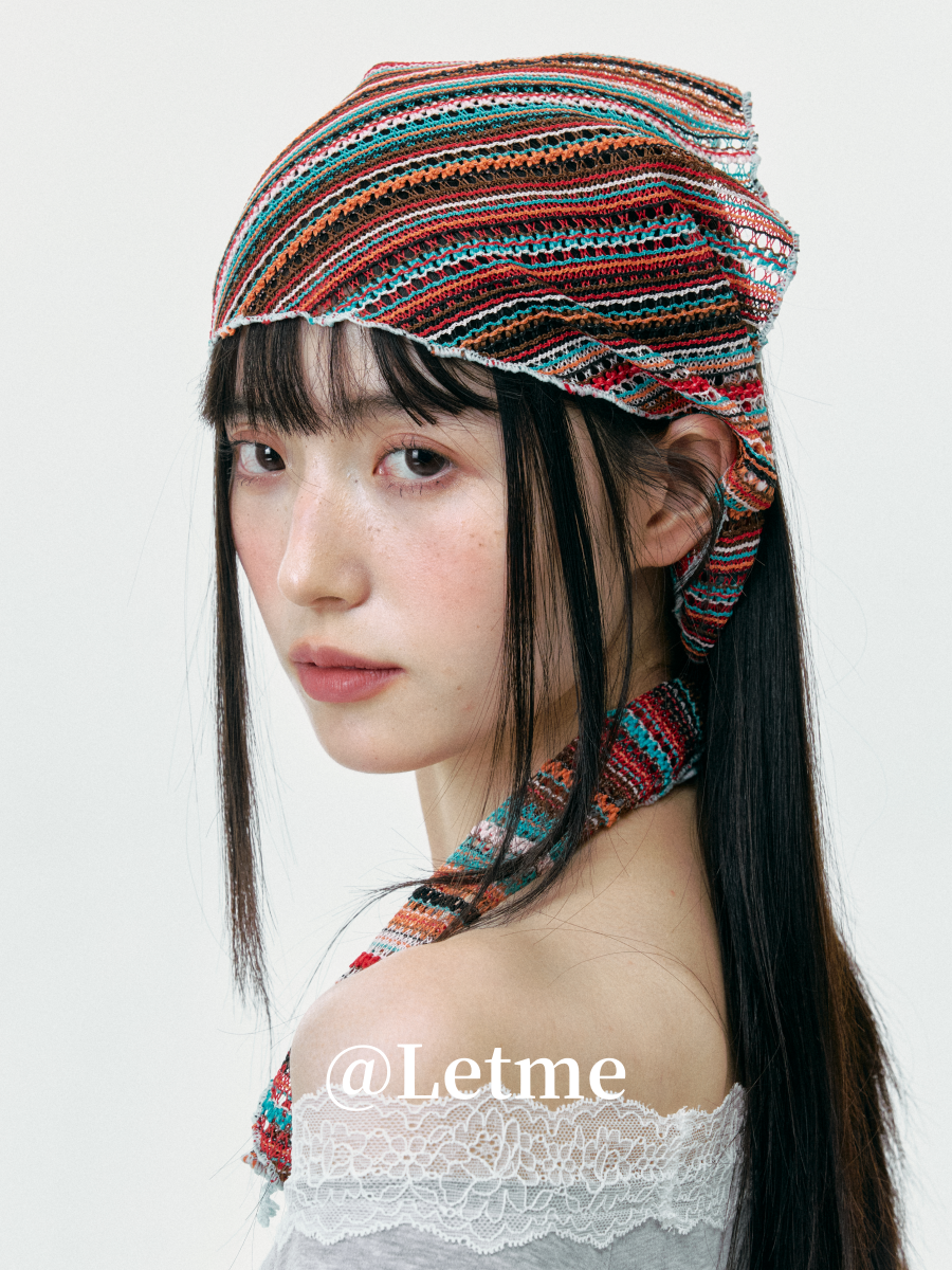 Bohemian Striped Knit Headscarf – Lightweight Openwork Triangle Bandana
