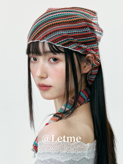 Bohemian Striped Knit Headscarf – Lightweight Openwork Triangle Bandana