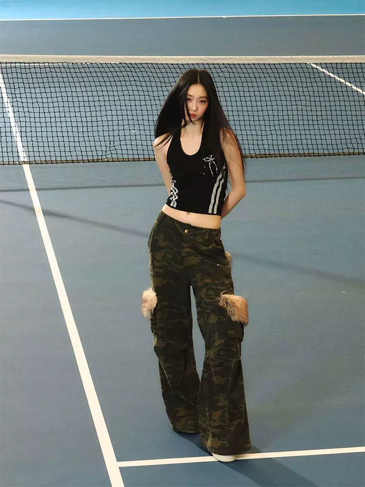 JN's DESIGN - Vintage Camo Wide-Leg Cargo Pants with Faux Fur Pockets