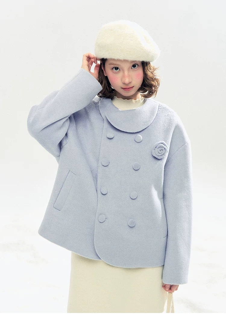 "Rose Manifesto" Frosted Blue Double-Breasted Quilted Wool-Blend Peacoat