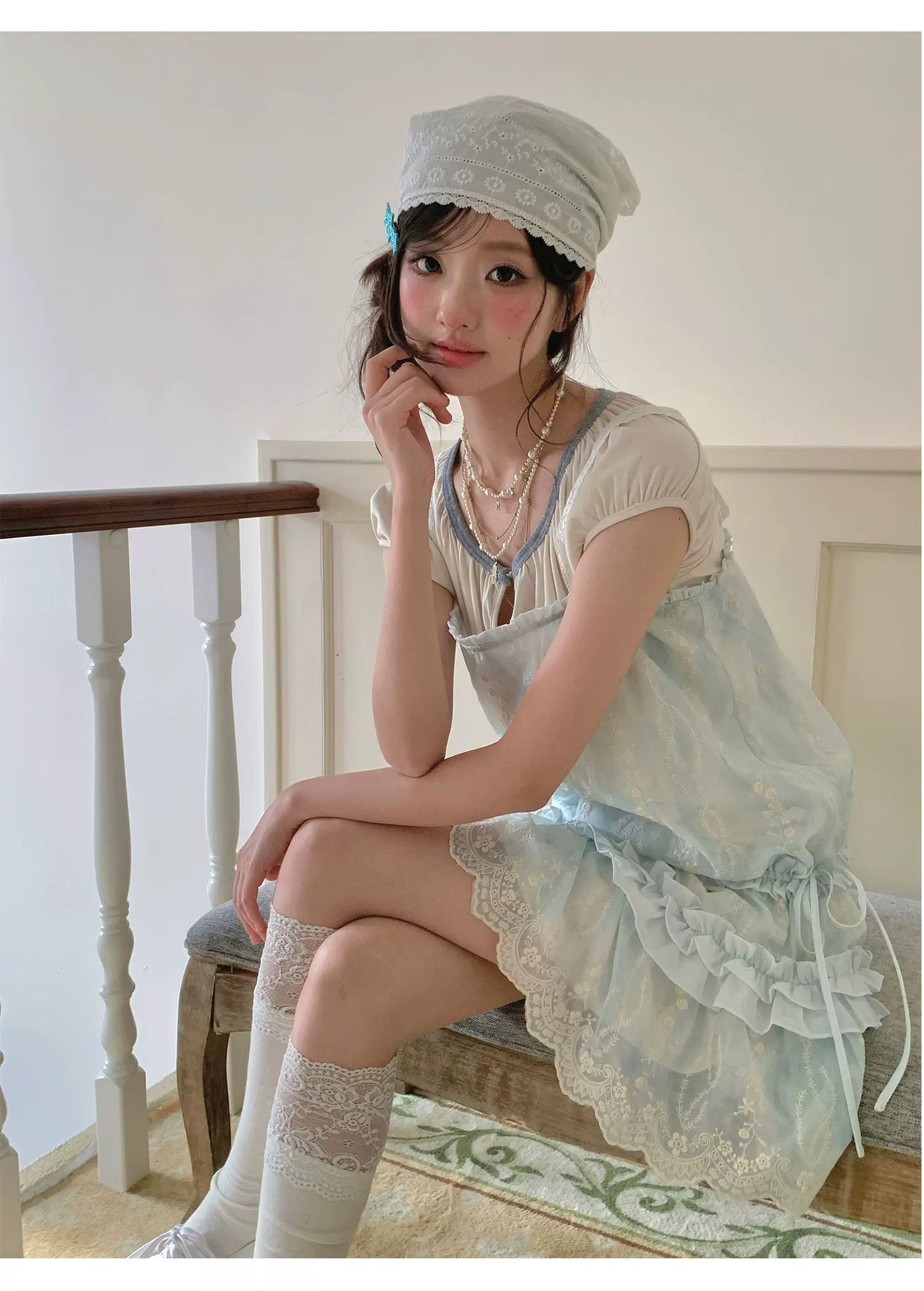 “Summer Dreamloom” Blue Lace Tiered Dress Set (Inner Top + Slip Dress)