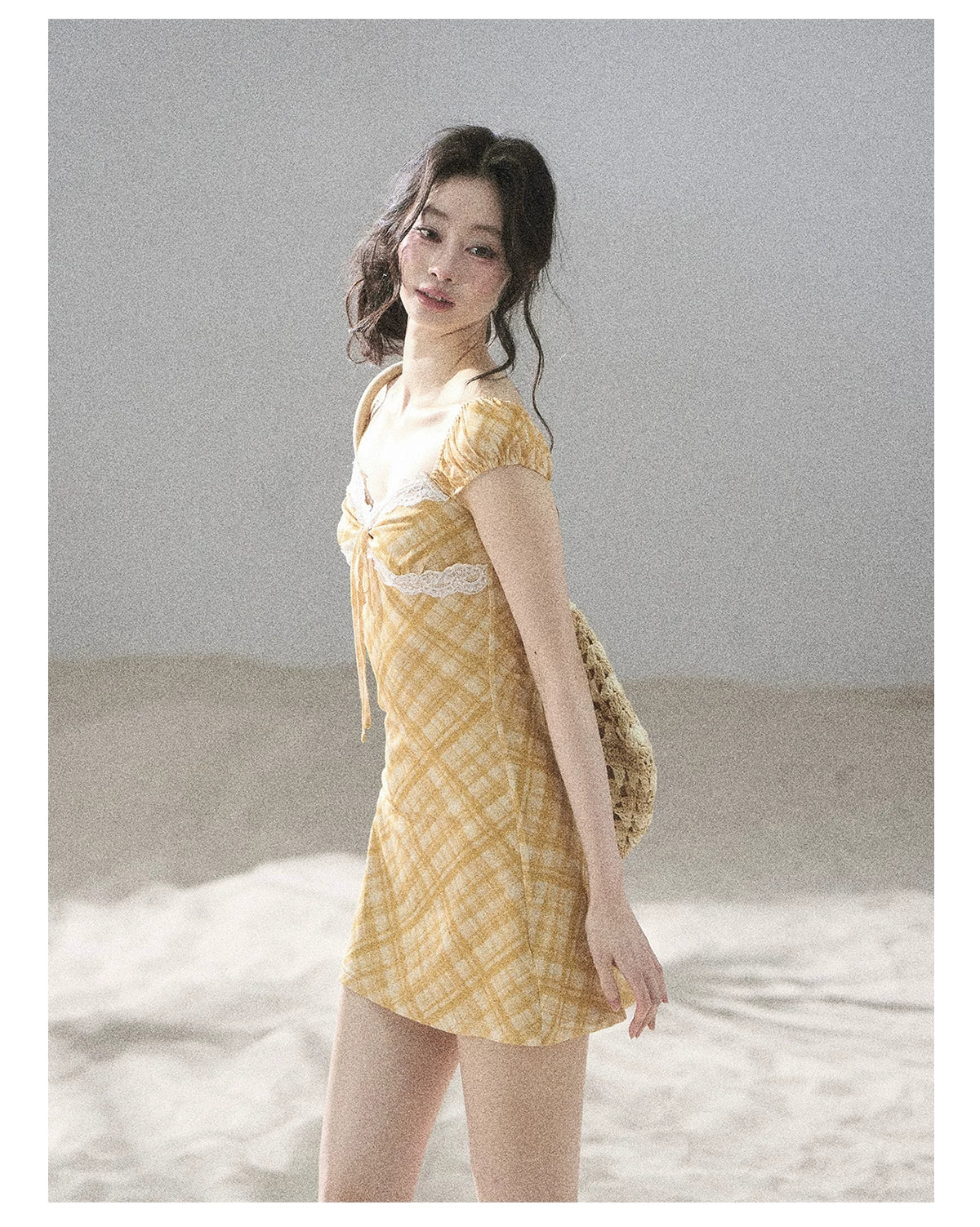 "Golden Wheat Whisper" Goose Yellow Lace Diamond Mini Dress