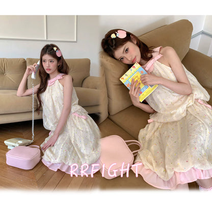 “Peach Cream Brioche” Cream Apricot Floral Bubble Skirt Set