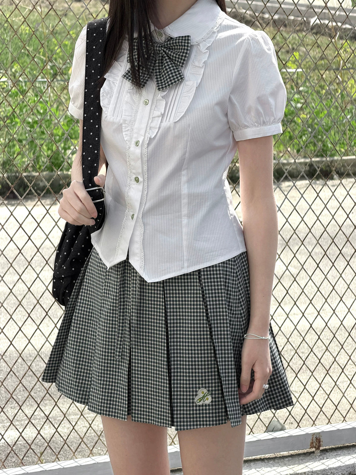 “Spring Day” White & Green School Blouse & Plaid Skirt Set
