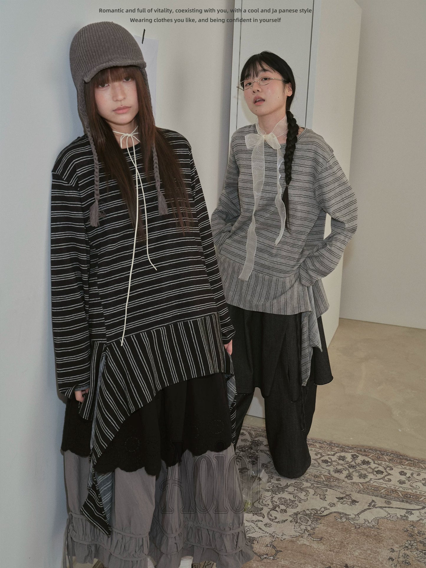 "Vintage Rhythm" Asymmetrical Knit Stripe Long Sleeve T-Shirt (Black / Gray)