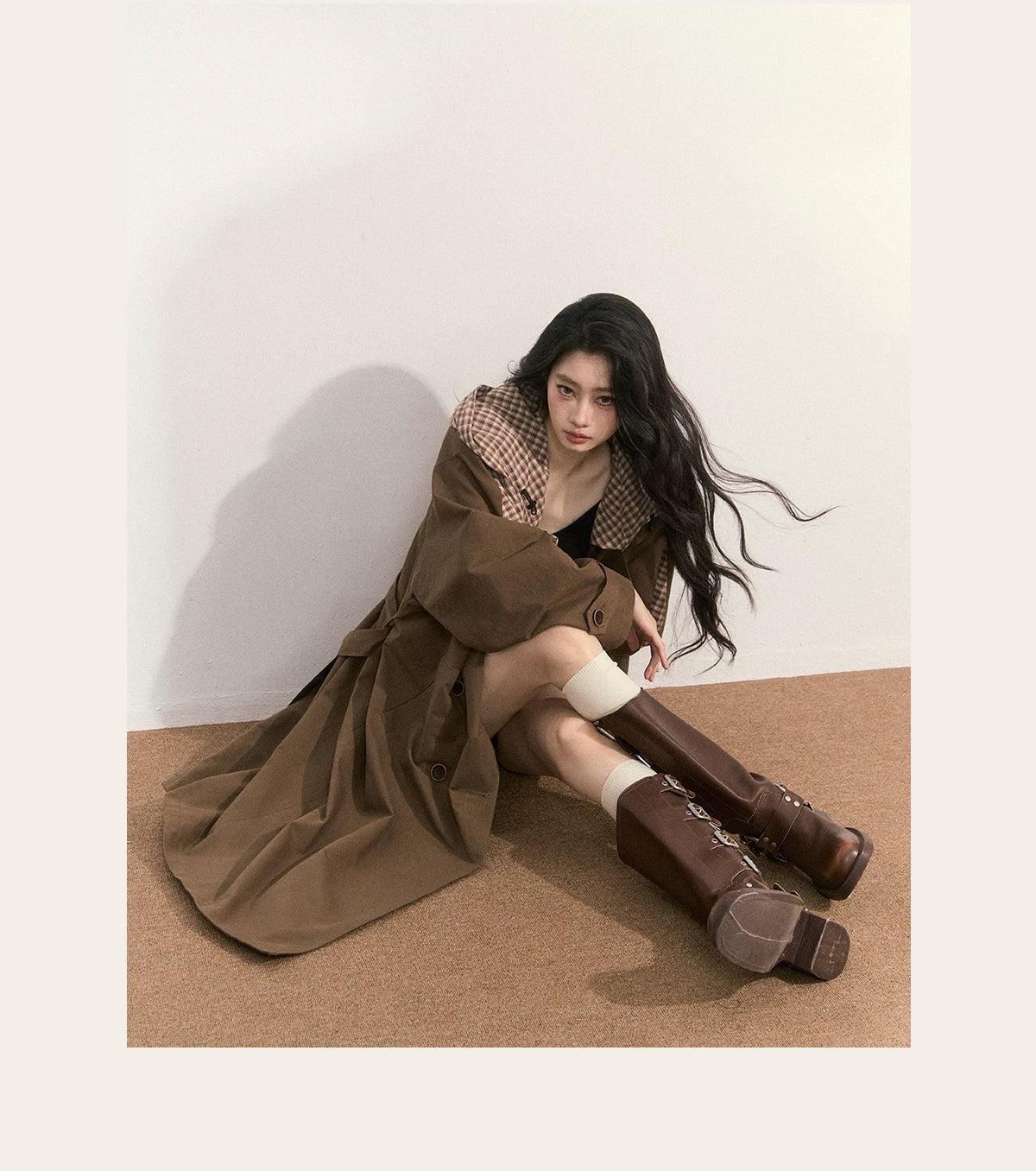 JN's DESIGN - Vintage Plaid Panel Hooded Trench Coat