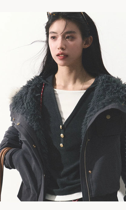 OAKMOO/ "Energy & Freedom" Mocha Gray Fur-Collar Cropped Hoodie Jacket