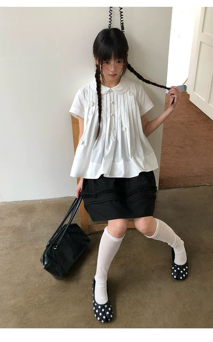 "Hyacinth Letter" White Cotton Peter Pan Collar Pleated Blouse