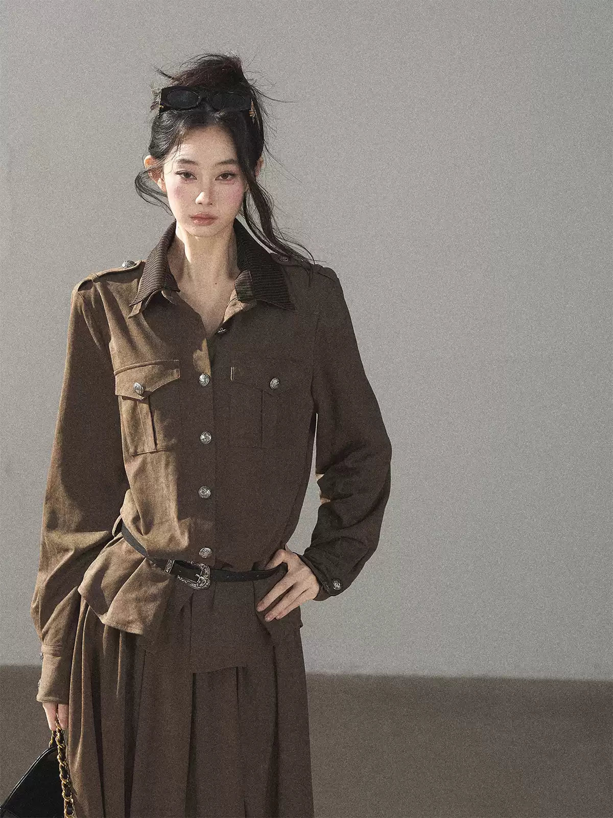 AOMALM - Terracotta Brown Shirt & Pleated Mini Skirt Set (With Belt)