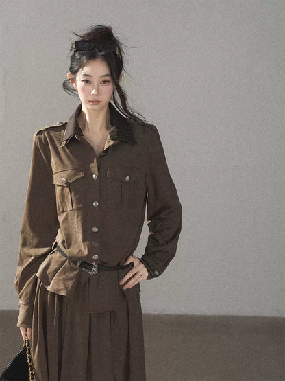 AOMALM - Terracotta Brown Shirt & Pleated Mini Skirt Set (With Belt)