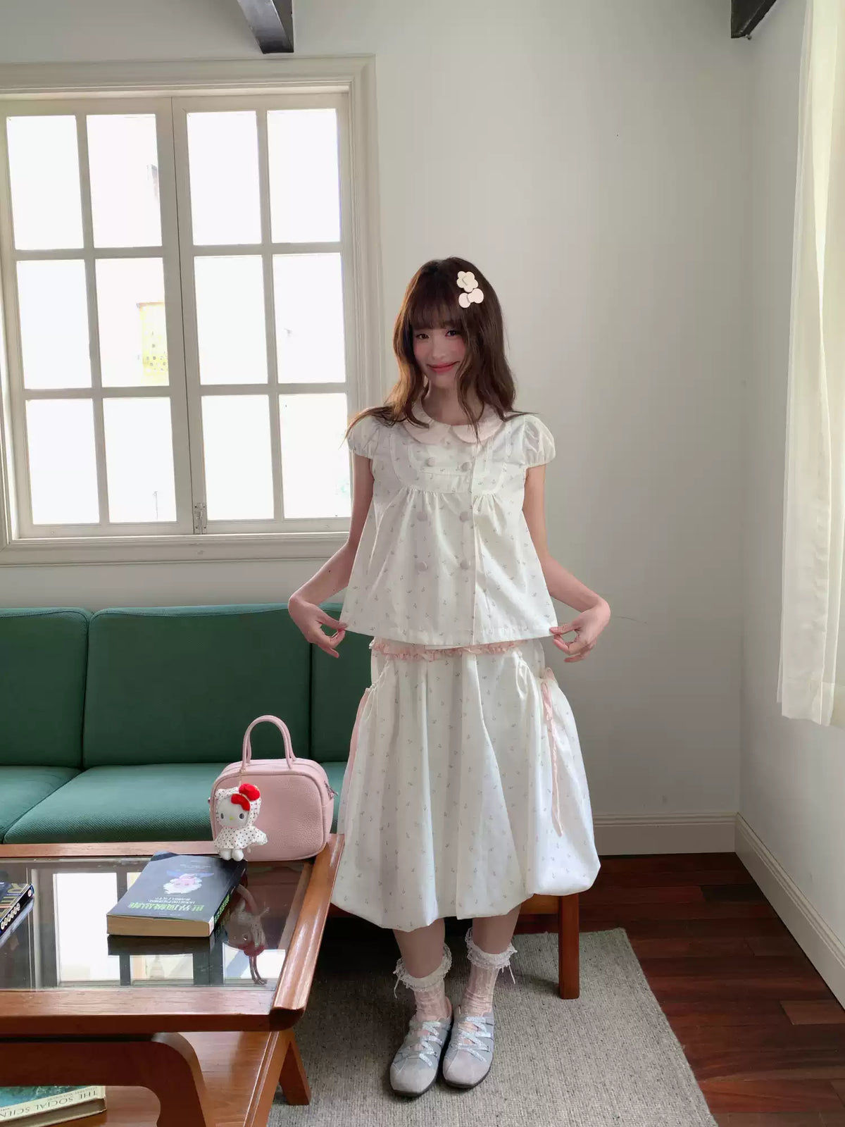 [RF] “White Peach Milk Foam” Pink & White Floral Polka Dot Two-Piece Set