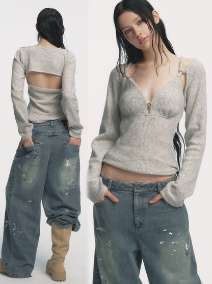 Muirgen - Gray Cut-Out Shoulder V-Neck Knit Top
