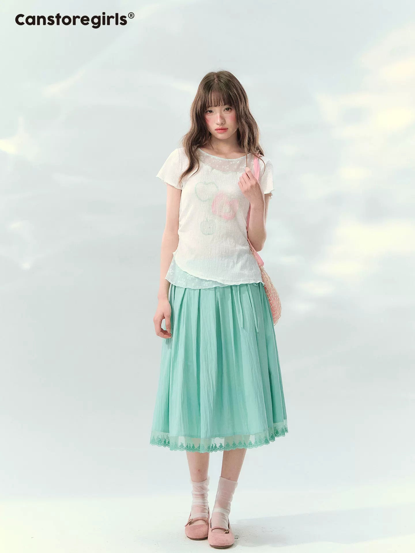 “Mint Waltz” Mint Green Lace Trim Pleated Midi Skirt