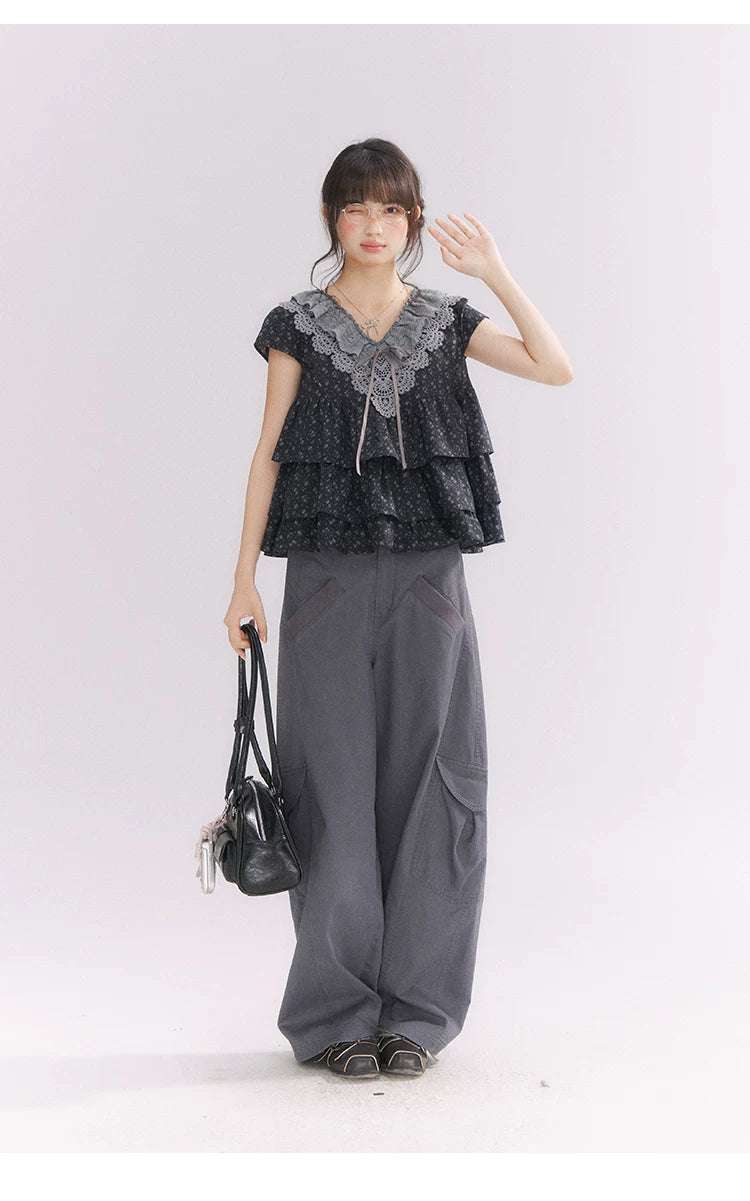 “Midnight Petal” Gray-Black Floral Top & Tiered Dress