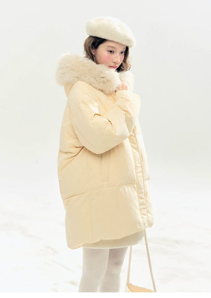 "Butter Soufflé" Vanilla Butter Hooded Mid-Length Down Coat with Faux Fox Fur Trim