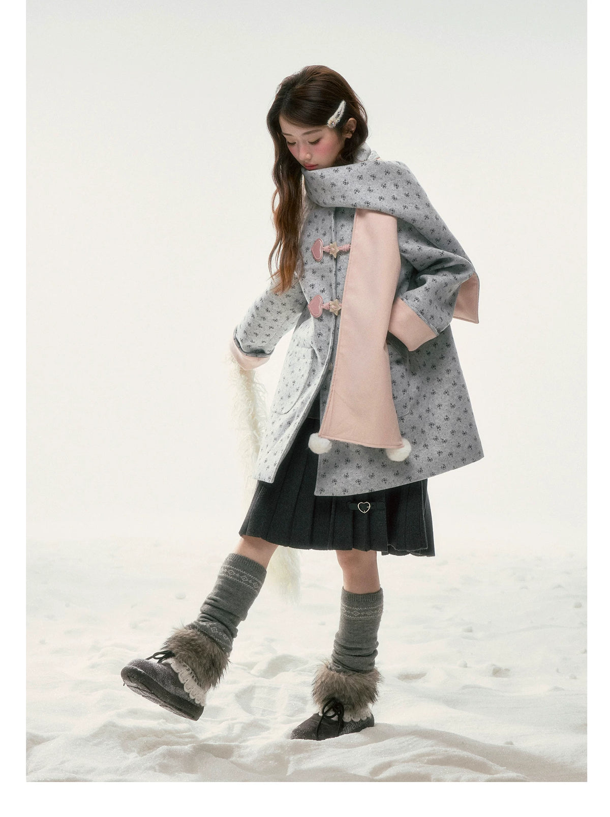 BIBIBENCY - Gray Floral Scarf-Trim Wool-Look Coat
