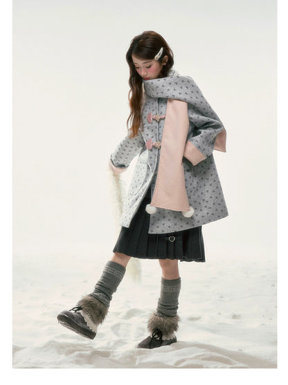 BIBIBENCY - Gray Floral Scarf-Trim Wool-Look Coat
