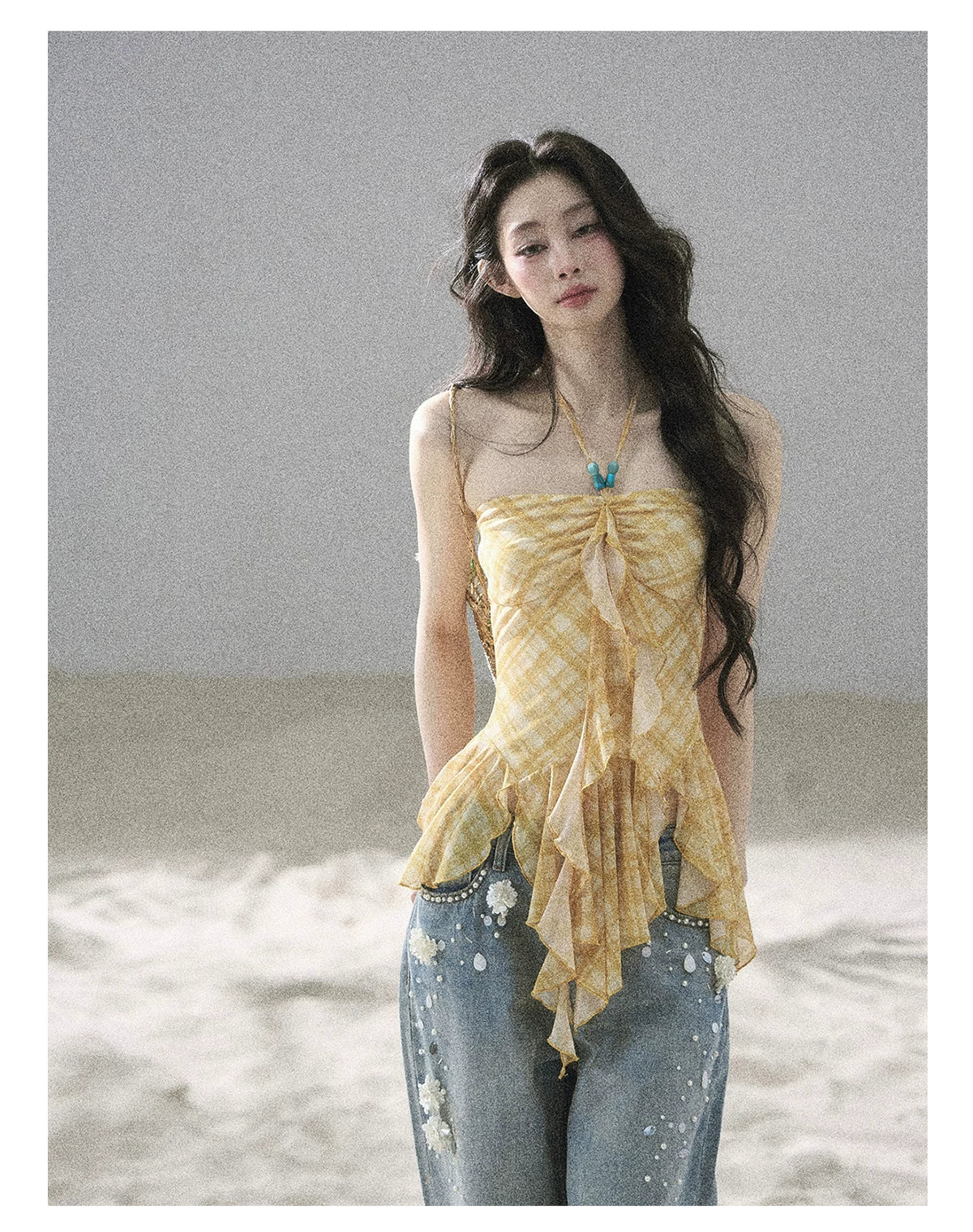 "Fields of Provence" Goose Yellow Halter Plaid Waist-Cinched Top