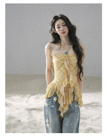 "Fields of Provence" Goose Yellow Halter Plaid Waist-Cinched Top