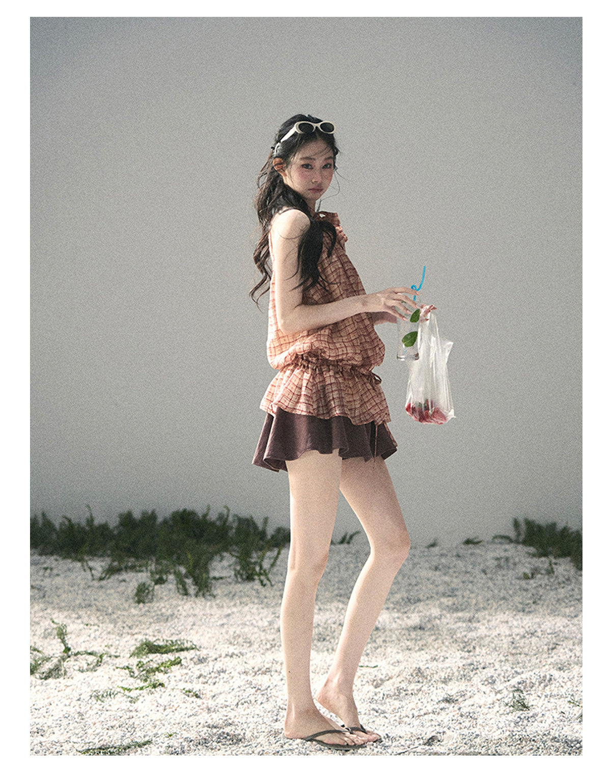 “Maple Whisper” Rust Red Halter Plaid Slim Tee