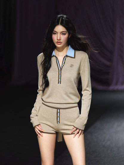 Contrast Gold Button Ribbon Polo Knit Top & Heart Pocket Shorts Set
