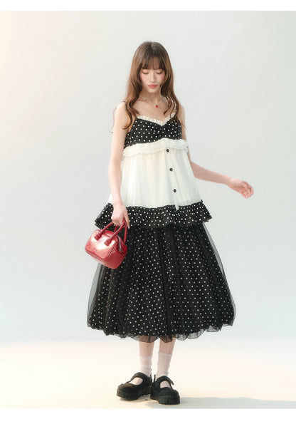 "Midnight Sweet Isle" Black Polka Dot Lace Two-Piece Skirt Set LL2026208