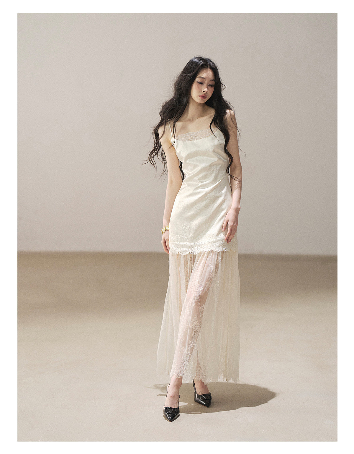 170726 "Your Open Meadow" Cream Apricot White Lace Slip Dress + Gray Taupe Tailored Blazer