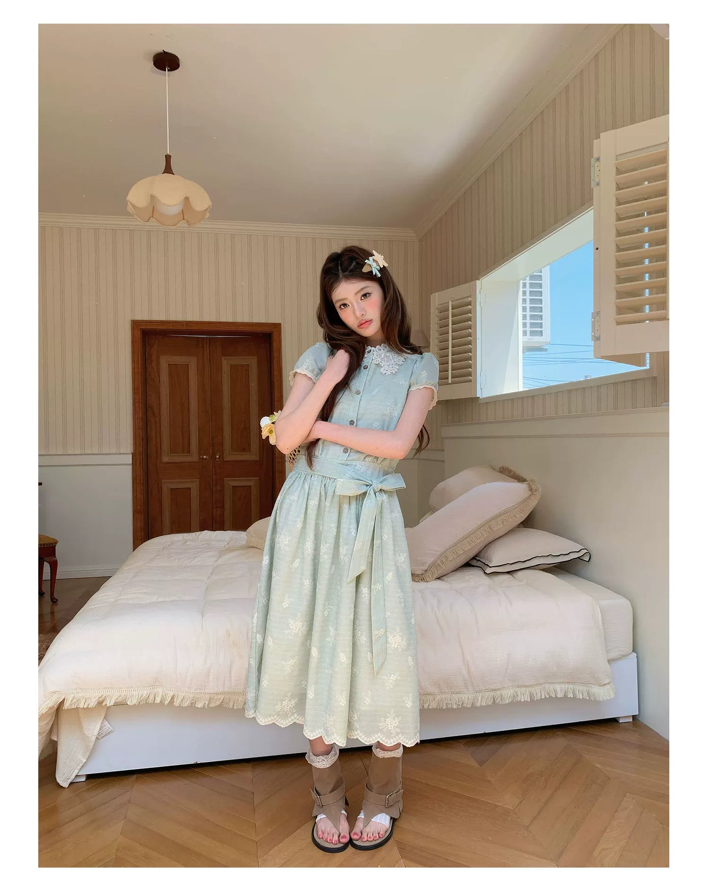 “Sage Meadow Reverie” Sage Green Embroidered Shirt Dress