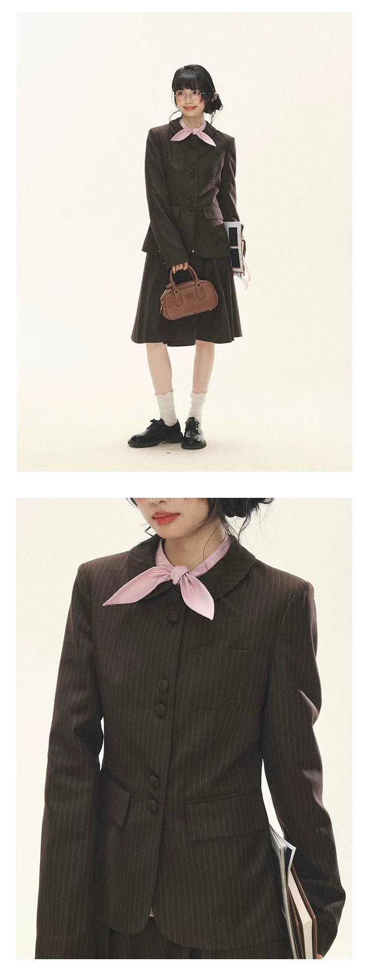 "Academy Memoir" Chocolate Brown Stripe Blazer & Pleated Skirt Set